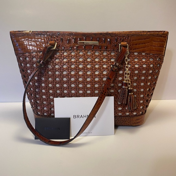 Retired Brahmin Medium Asher Pecan Lima Wicker Tote Bag Purse RARE New - Picture 2 of 16